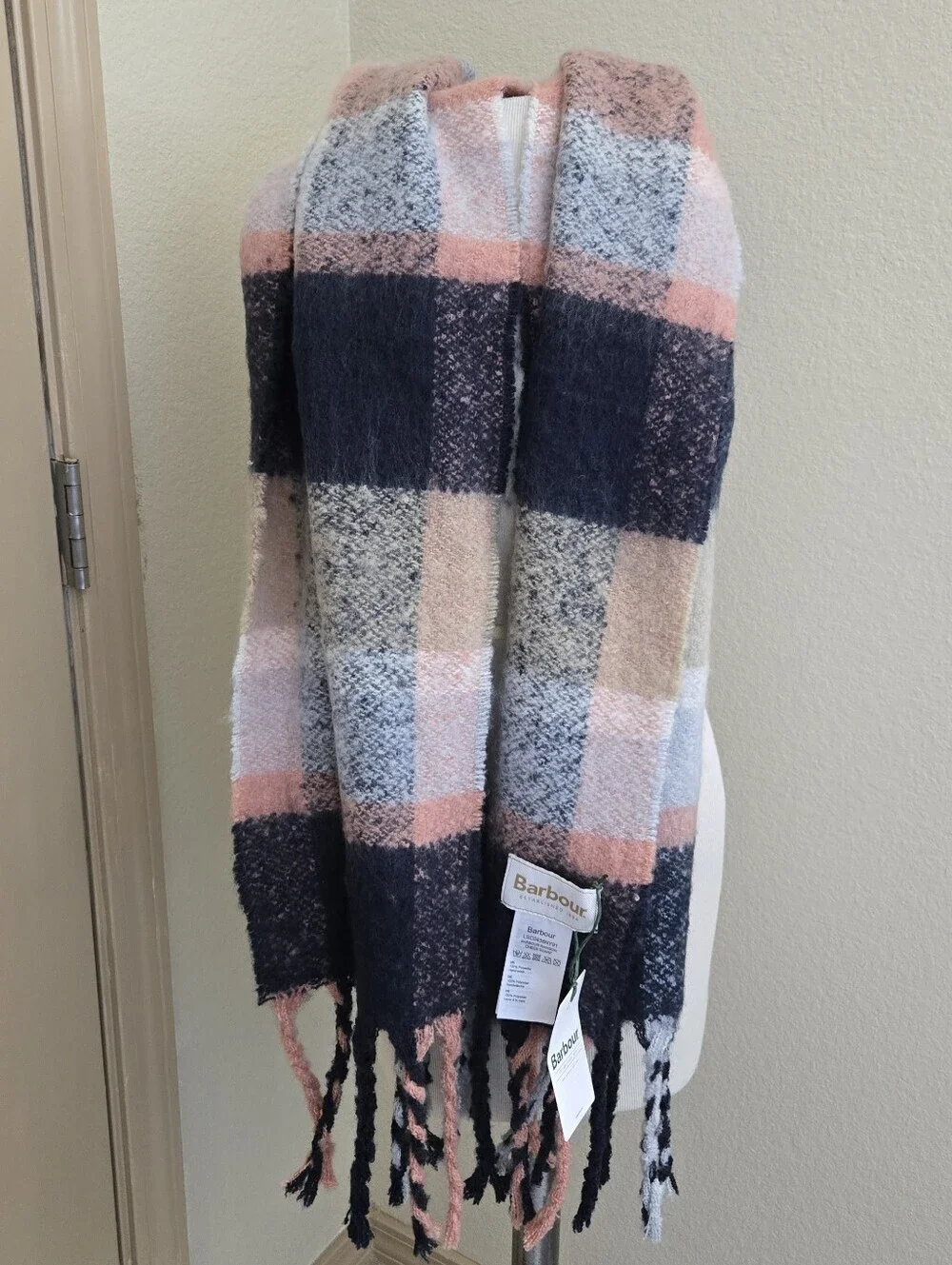 nwt Barbour Rawsom Check Scarf Navy Pink Rust OS